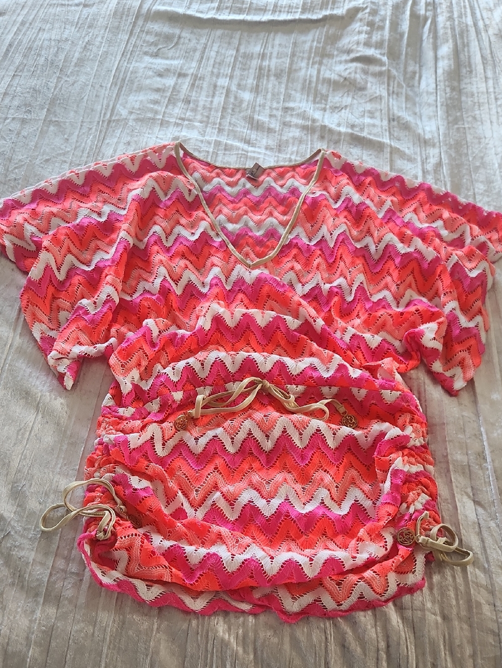 Luli Fama Coral, Hot Pink & Cream Crochet Chevron Cover-Up